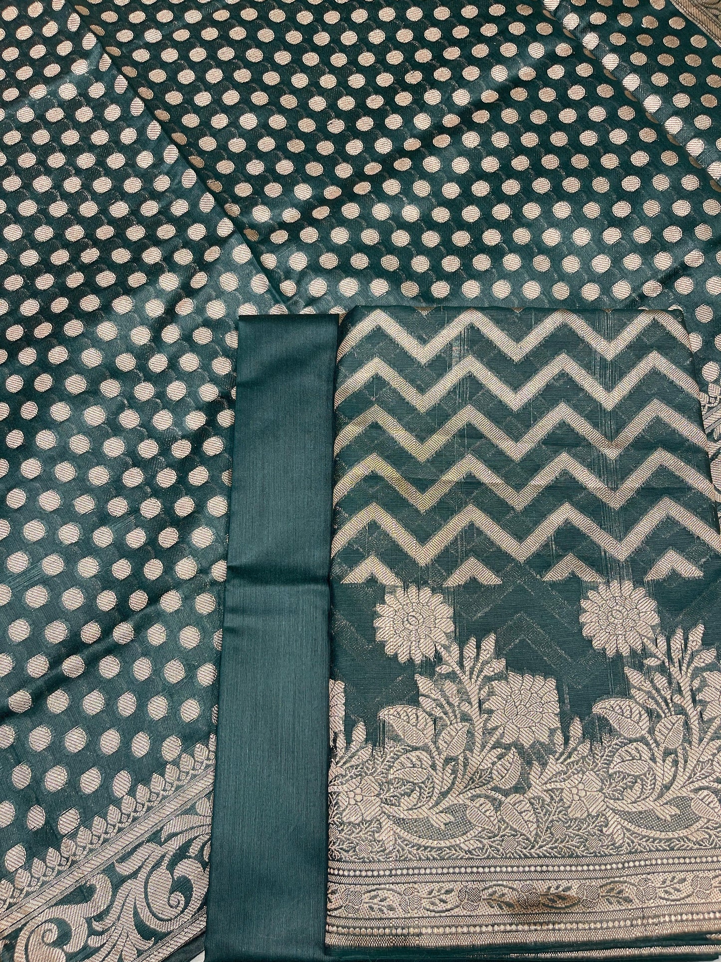 Dark Green Cotton Silk Zig-Zag Banarasi 3 pcs Suit Set 675JVC_128
