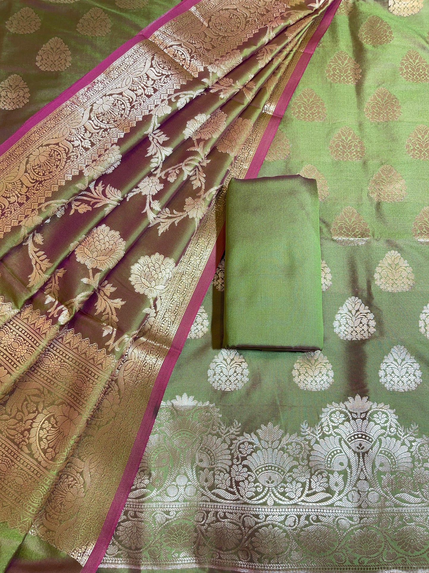 Mehndi Green Semi Katan Silk Banarasi 3 pcs Suit Set 750SHL_SK23
