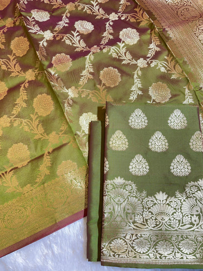 Mehndi Green Semi Katan Silk Banarasi 3 pcs Suit Set 750SHL_SK23