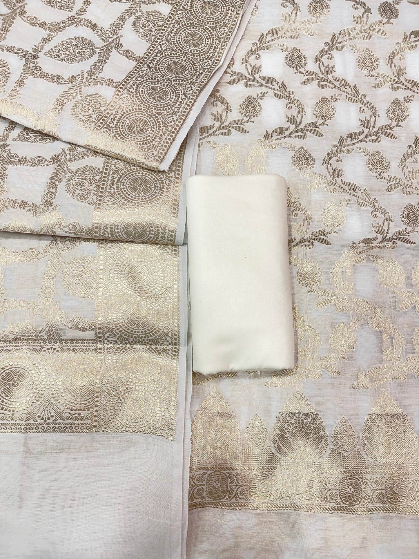 Off white Mercerize Cotton Silk Banarasi 3 pcs Suit Set 700SKL_MS1