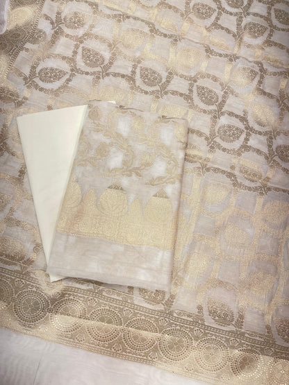 Off white Mercerize Cotton Silk Banarasi 3 pcs Suit Set 700SKL_MS1