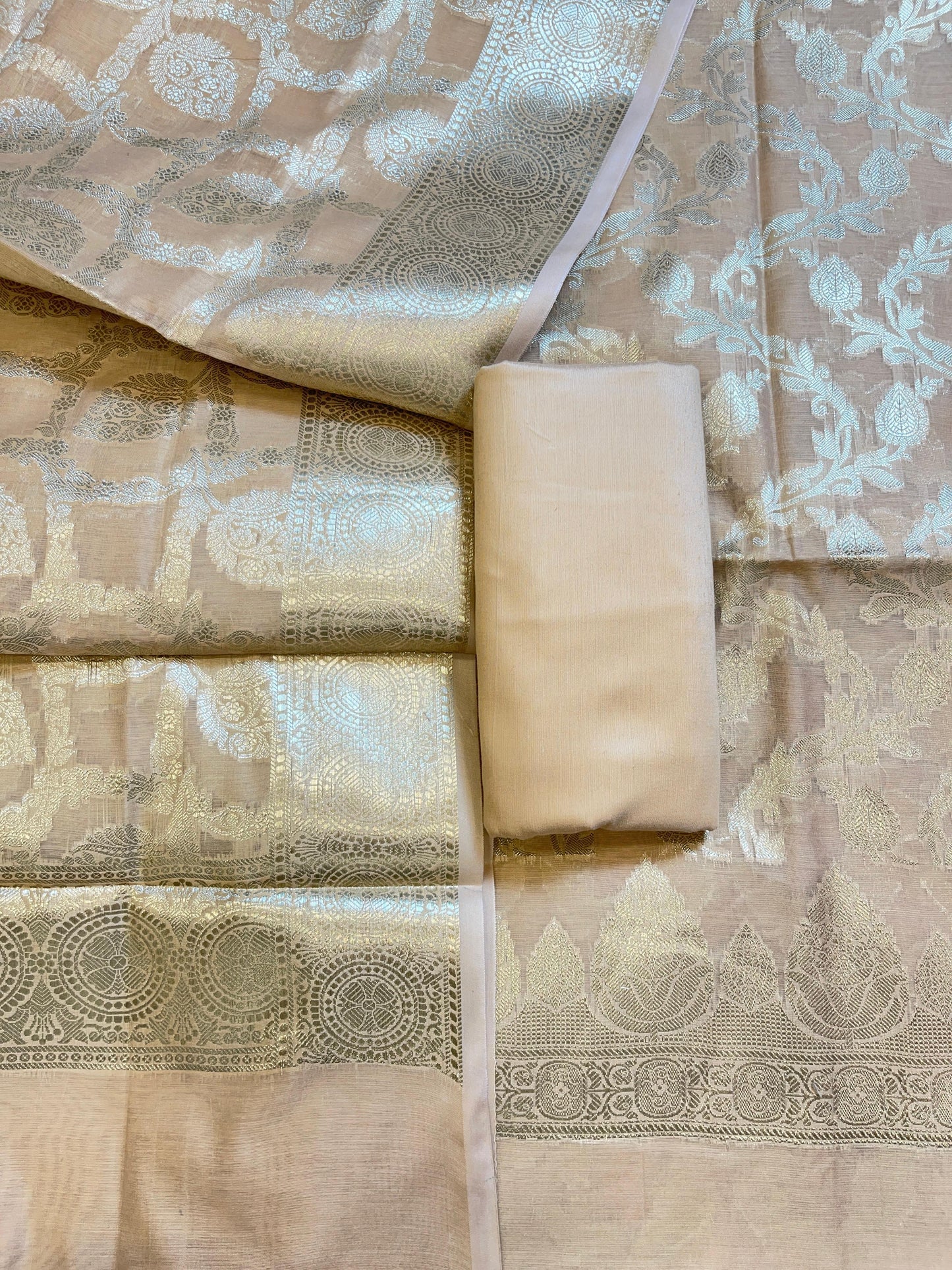 Beige Mercerize Cotton Silk Banarasi 3 pcs Suit Set 700SKL_MS3