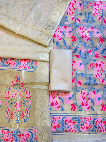 Cream Jamdani Weave Cotton Banarasi 3 pcs Suit Set 600SKL_JM18