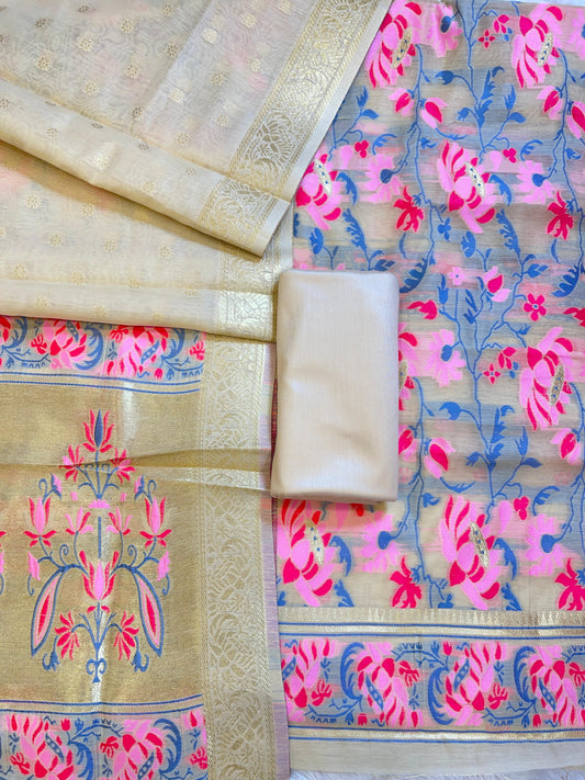 Cream Jamdani Weave Cotton Banarasi 3 pcs Suit Set 600SKL_JM18