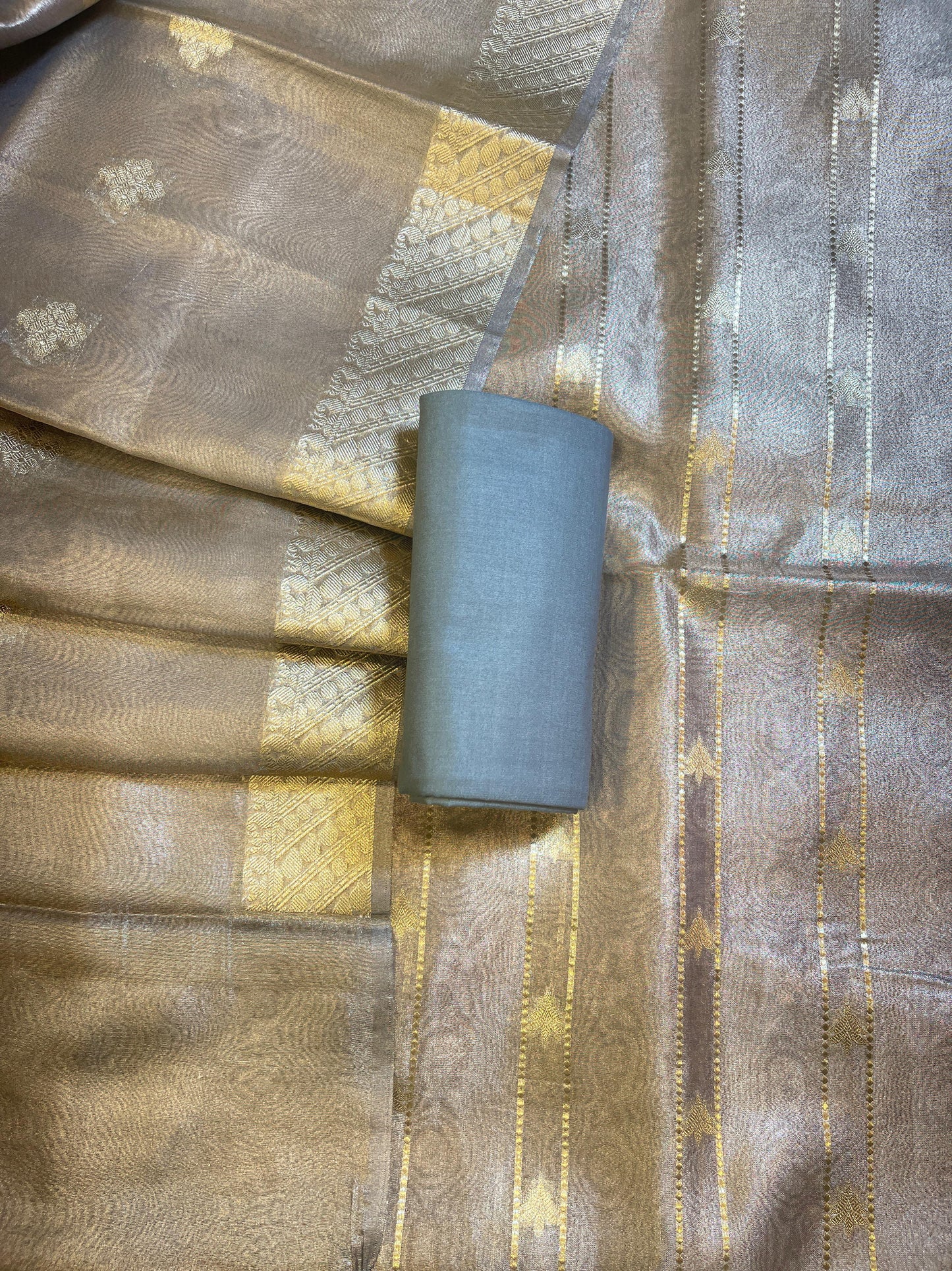 Grey Tissue Silk Zari Stripe Banarasi 3 pcs Suit Set 1100 SKL_TSU3