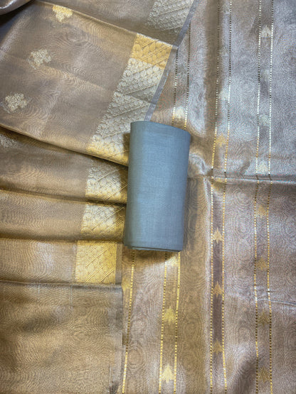 Grey Tissue Silk Zari Stripe Banarasi 3 pcs Suit Set 1100 SKL_TSU3