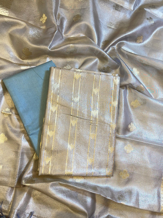 Grey Tissue Silk Zari Stripe Banarasi 3 pcs Suit Set 1100 SKL_TSU3