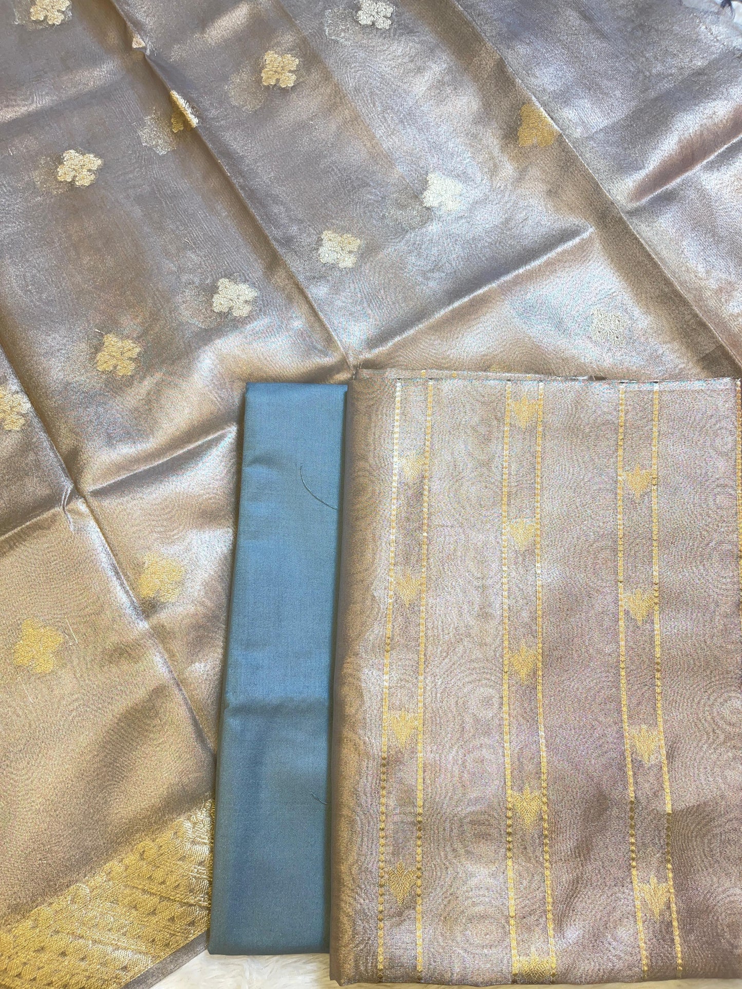 Grey Tissue Silk Zari Stripe Banarasi 3 pcs Suit Set 1100 SKL_TSU3