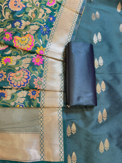 Dark Green Katan Silk Zari Booti Banarasi 3 pcs Suit Set with Multicolor Mina Dupatta 700SKL_KS1