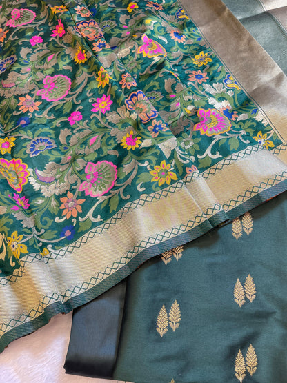 Dark Green Katan Silk Zari Booti Banarasi 3 pcs Suit Set with Multicolor Mina Dupatta 700SKL_KS1
