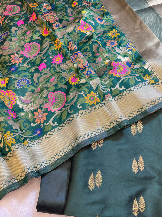 Dark Green Katan Silk Zari Booti Banarasi 3 pcs Suit Set with Multicolor Mina Dupatta 700SKL_KS1