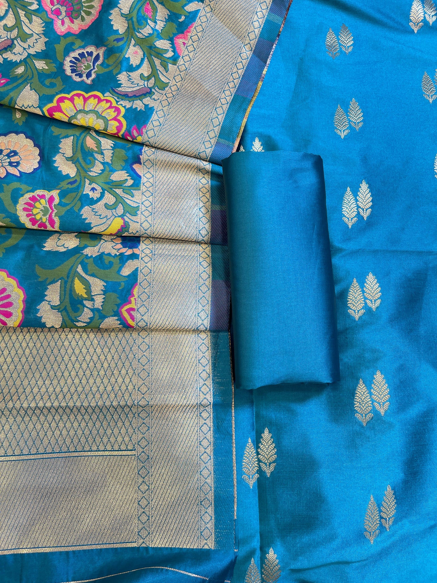 Teal Blue Katan Silk Zari Booti Banarasi 3 pcs Suit Set with Multicolor Mina Dupatta 700SKL_KS2