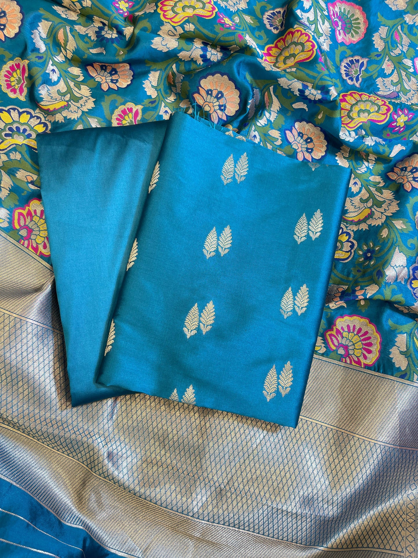 Teal Blue Katan Silk Zari Booti Banarasi 3 pcs Suit Set with Multicolor Mina Dupatta 700SKL_KS2