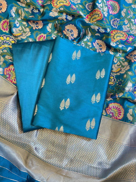 Teal Blue Katan Silk Zari Booti Banarasi 3 pcs Suit Set with Multicolor Mina Dupatta 700SKL_KS2