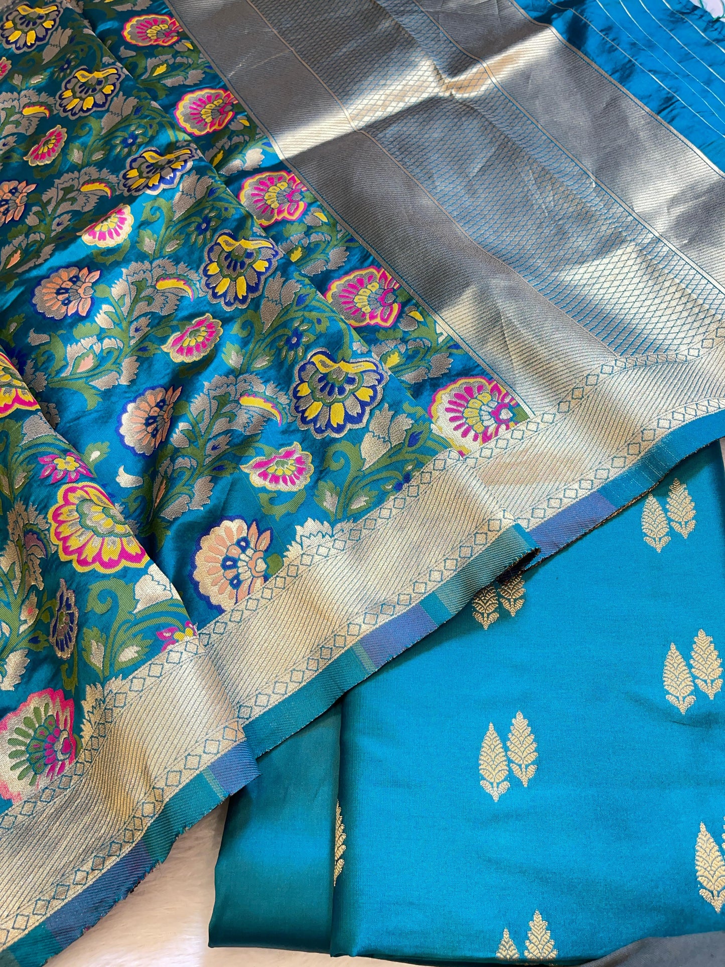 Teal Blue Katan Silk Zari Booti Banarasi 3 pcs Suit Set with Multicolor Mina Dupatta 700SKL_KS2