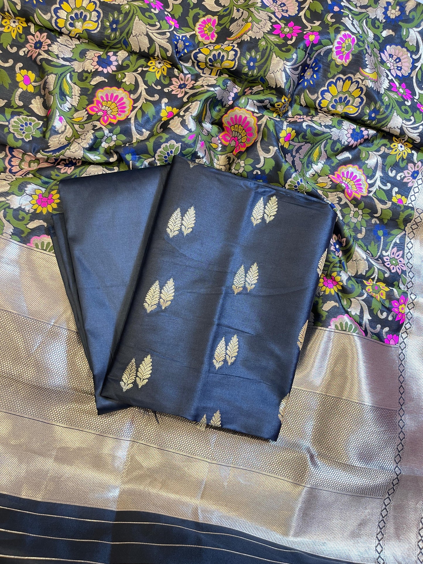 Black Katan Silk Zari Booti Banarasi 3 pcs Suit Set with Multicolor Mina Dupatta 700SKL_KS4