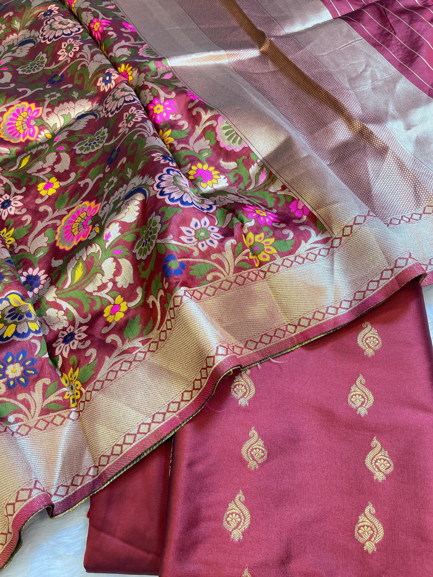 Burgundy Katan Silk Zari Booti Banarasi 3 pcs Suit Set with Multicolor Mina Dupatta 700SKL_KS10