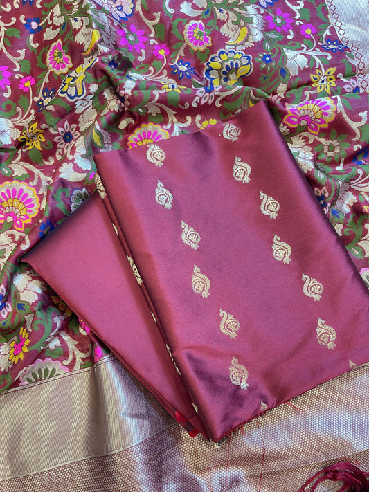 Burgundy Katan Silk Zari Booti Banarasi 3 pcs Suit Set with Multicolor Mina Dupatta 700SKL_KS10
