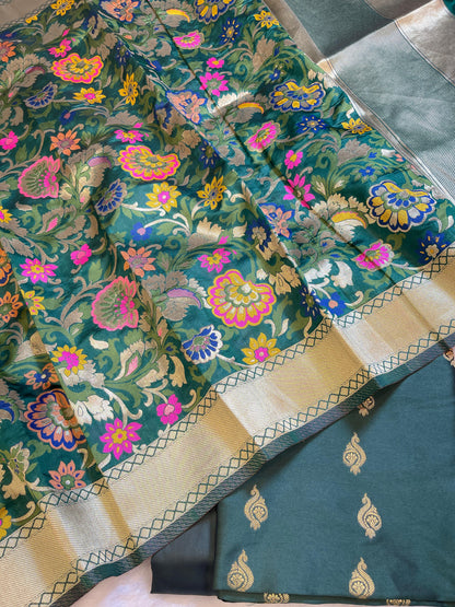 Dark Green Katan Silk Zari Booti Banarasi 3 pcs Suit Set with Multicolor Mina Dupatta 700SKL_KS11