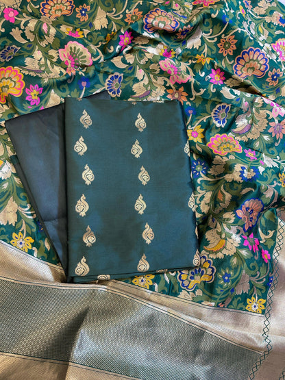 Dark Green Katan Silk Zari Booti Banarasi 3 pcs Suit Set with Multicolor Mina Dupatta 700SKL_KS11