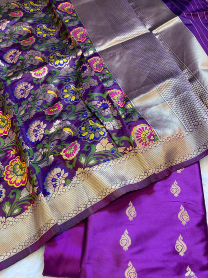 Purple Katan Silk Zari Booti Banarasi 3 pcs Suit Set with Multicolor Mina Dupatta 700SKL_KS12