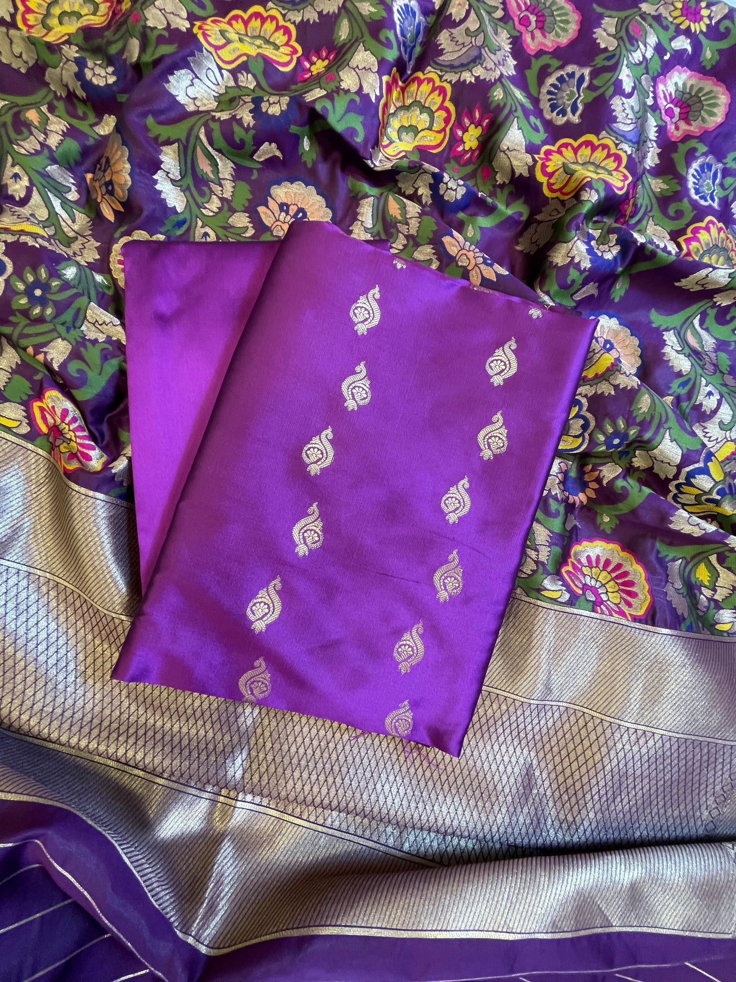 Purple Katan Silk Zari Booti Banarasi 3 pcs Suit Set with Multicolor Mina Dupatta 700SKL_KS12