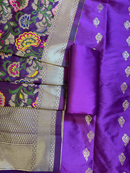 Purple Katan Silk Zari Booti Banarasi 3 pcs Suit Set with Multicolor Mina Dupatta 700SKL_KS12