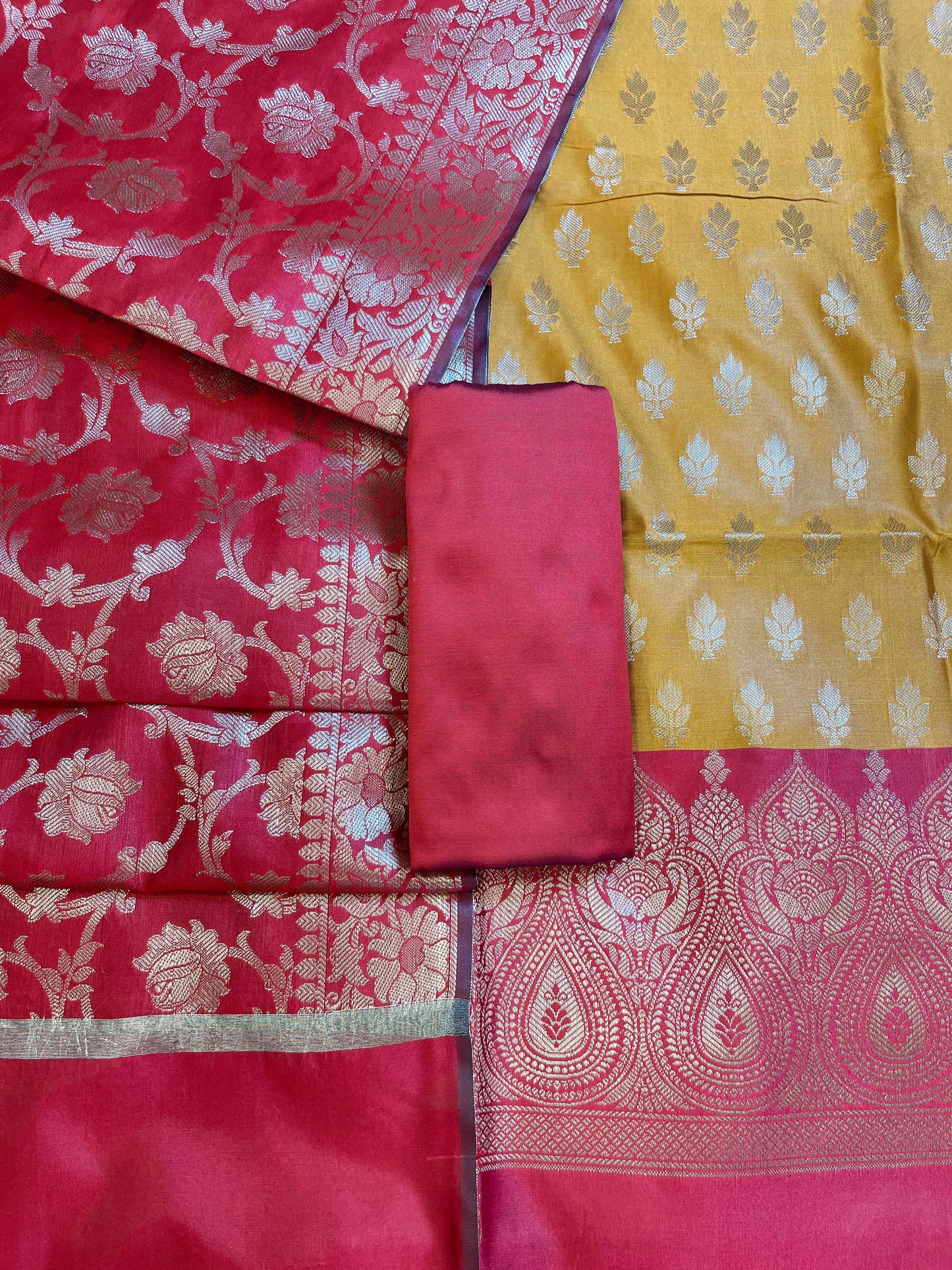 Mustard Art Silk Floral Zari Booti Contrast Banarasi Suit with Red Dupatta 625AJ_TPT1
