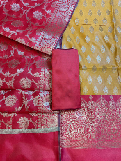 Mustard Art Silk Floral Zari Booti Contrast Banarasi Suit with Red Dupatta 625AJ_TPT1
