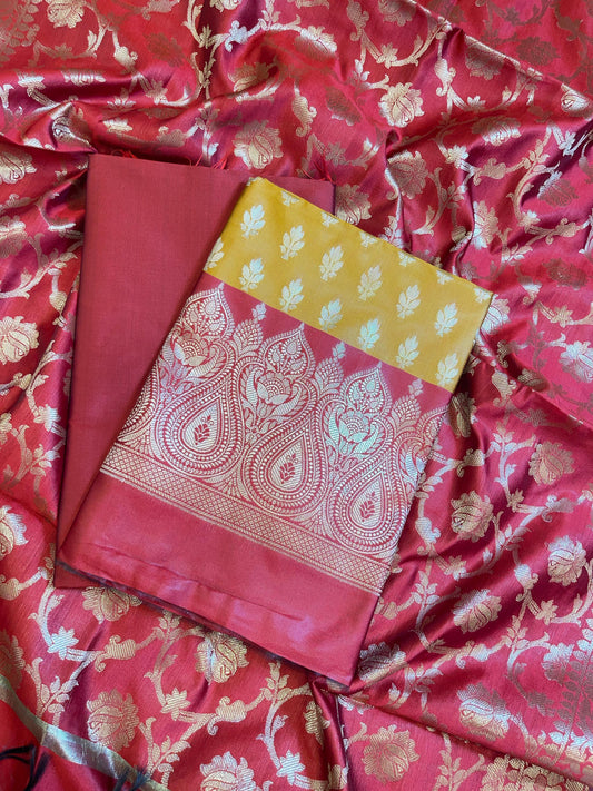 Mustard Art Silk Floral Zari Booti Contrast Banarasi Suit with Red Dupatta 625AJ_TPT1