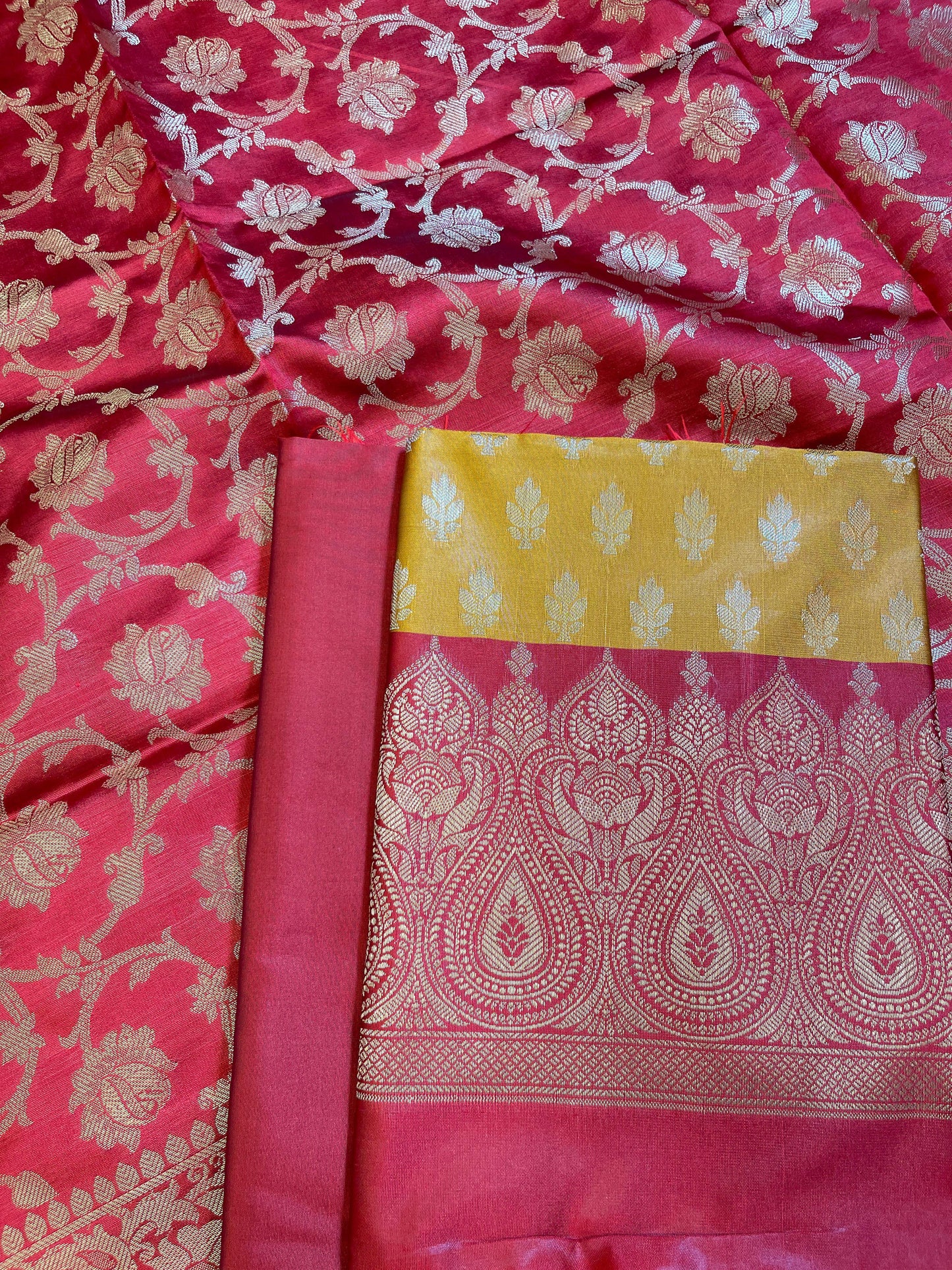 Mustard Art Silk Floral Zari Booti Contrast Banarasi Suit with Red Dupatta 625AJ_TPT1