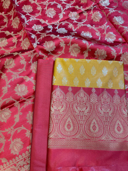Mustard Art Silk Floral Zari Booti Contrast Banarasi Suit with Red Dupatta 625AJ_TPT1