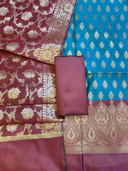 Seagreen Art Silk Floral Zari Booti Contrast Banarasi Suit with Maroon Dupatta 625AJ_TPT2