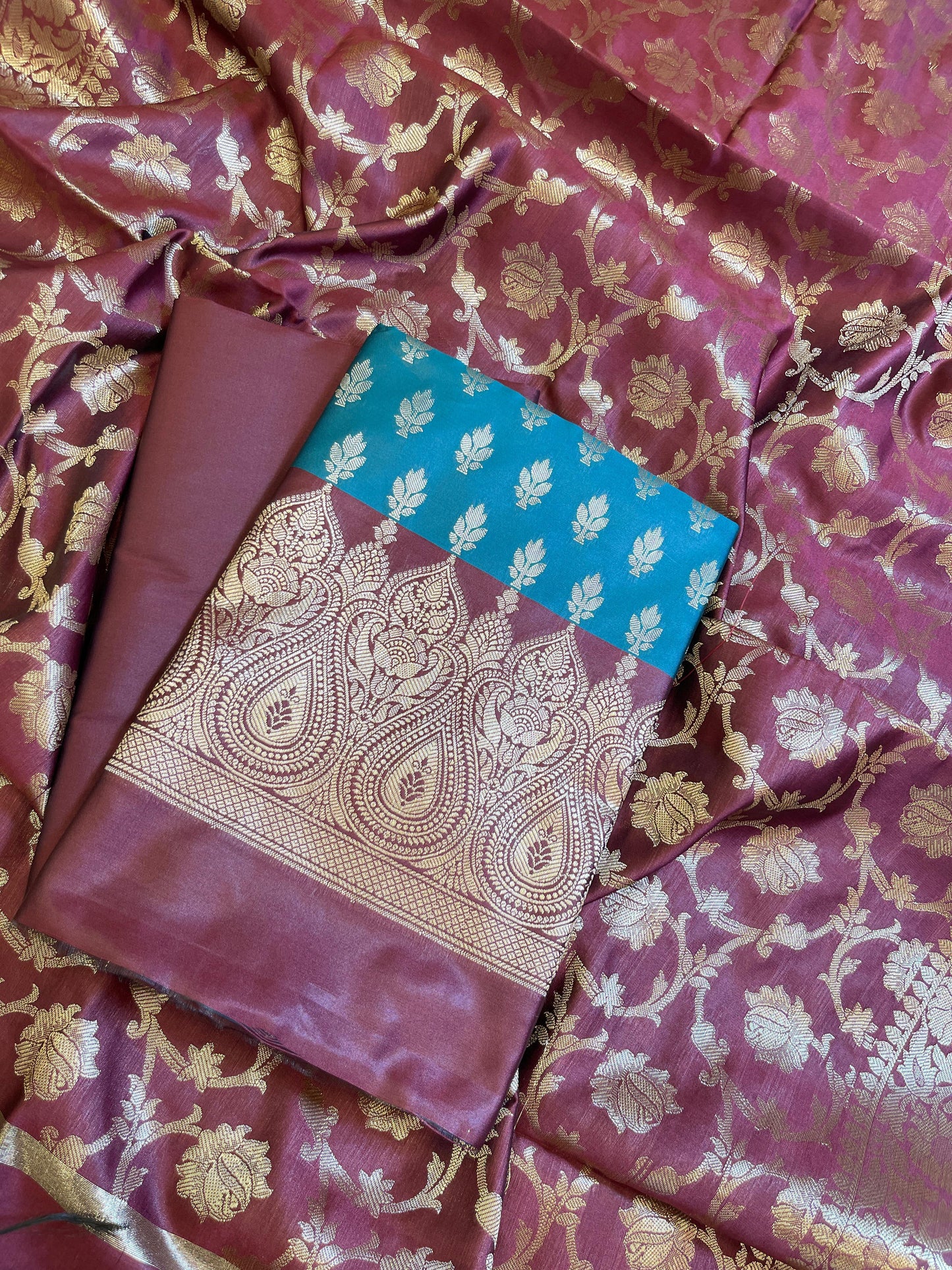 Seagreen Art Silk Floral Zari Booti Contrast Banarasi Suit with Maroon Dupatta 625AJ_TPT2