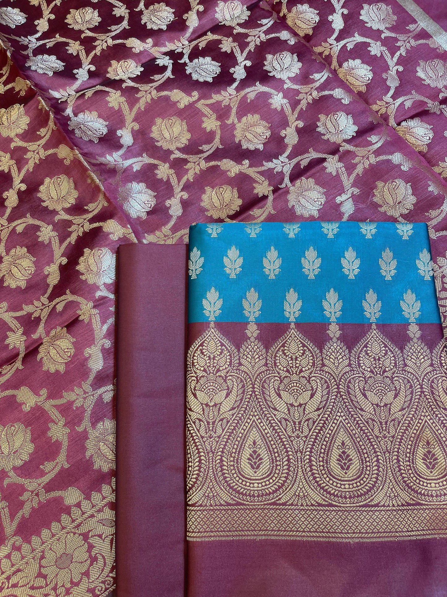 Seagreen Art Silk Floral Zari Booti Contrast Banarasi Suit with Maroon Dupatta 625AJ_TPT2