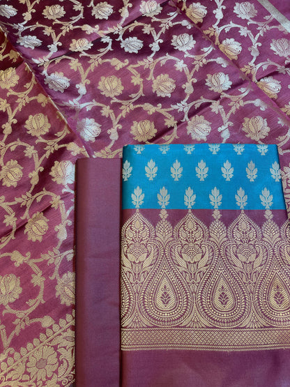 Seagreen Art Silk Floral Zari Booti Contrast Banarasi Suit with Maroon Dupatta 625AJ_TPT2
