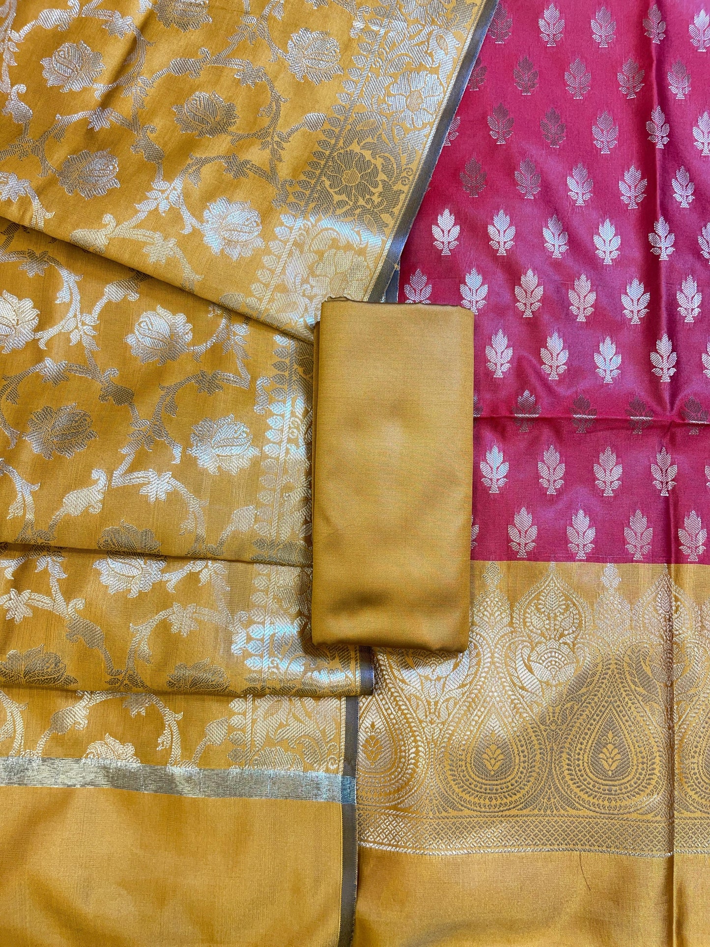 Red Art Silk Floral Zari Booti Contrast Banarasi Suit with Mustard Dupatta 625AJ_TPT3