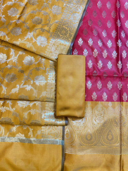 Red Art Silk Floral Zari Booti Contrast Banarasi Suit with Mustard Dupatta 625AJ_TPT3