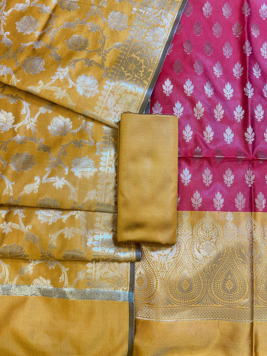 Red Art Silk Floral Zari Booti Contrast Banarasi Suit with Mustard Dupatta 625AJ_TPT3