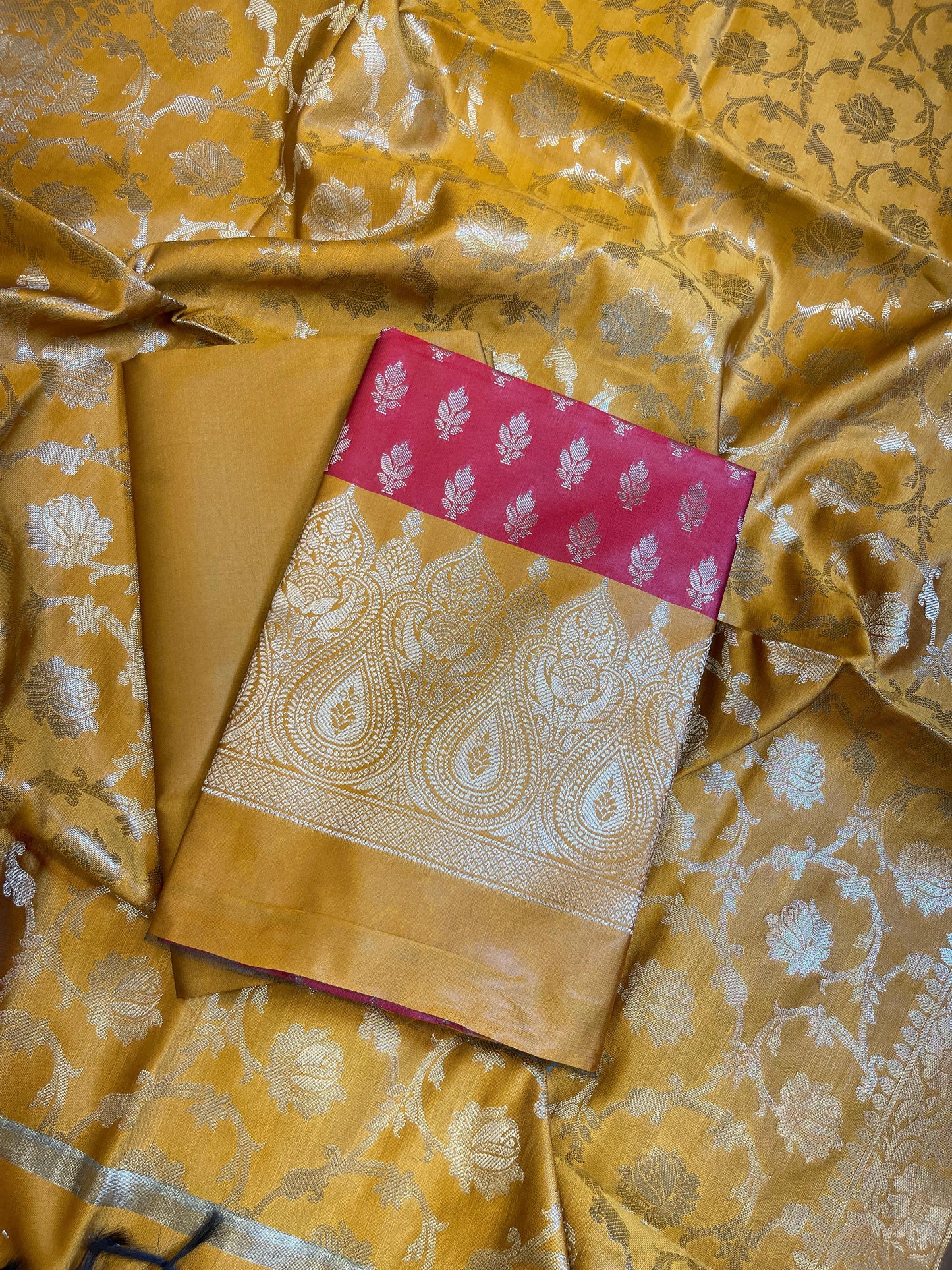 Red Art Silk Floral Zari Booti Contrast Banarasi Suit with Mustard Dupatta 625AJ_TPT3