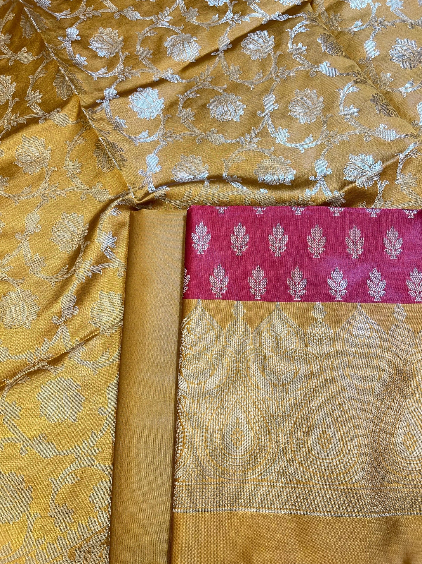 Red Art Silk Floral Zari Booti Contrast Banarasi Suit with Mustard Dupatta 625AJ_TPT3