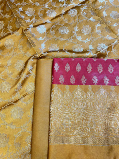 Red Art Silk Floral Zari Booti Contrast Banarasi Suit with Mustard Dupatta 625AJ_TPT3