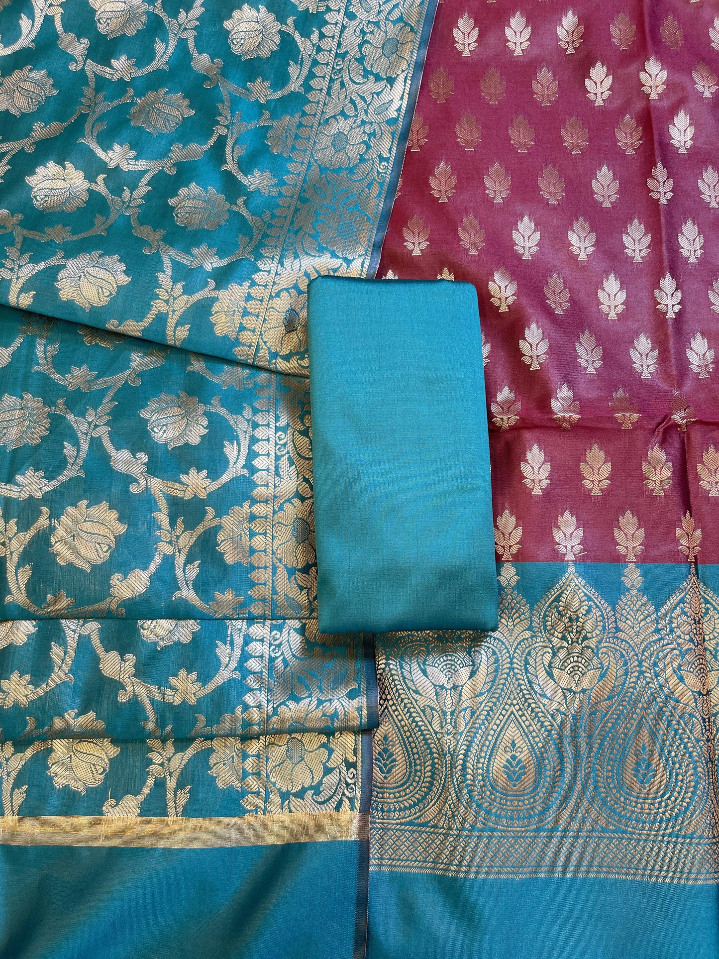 Maroon Art Silk Floral Zari Booti Contrast Banarasi Suit with Seagreen Dupatta 625AJ_TPT4
