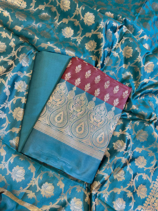 Maroon Art Silk Floral Zari Booti Contrast Banarasi Suit with Seagreen Dupatta 625AJ_TPT4