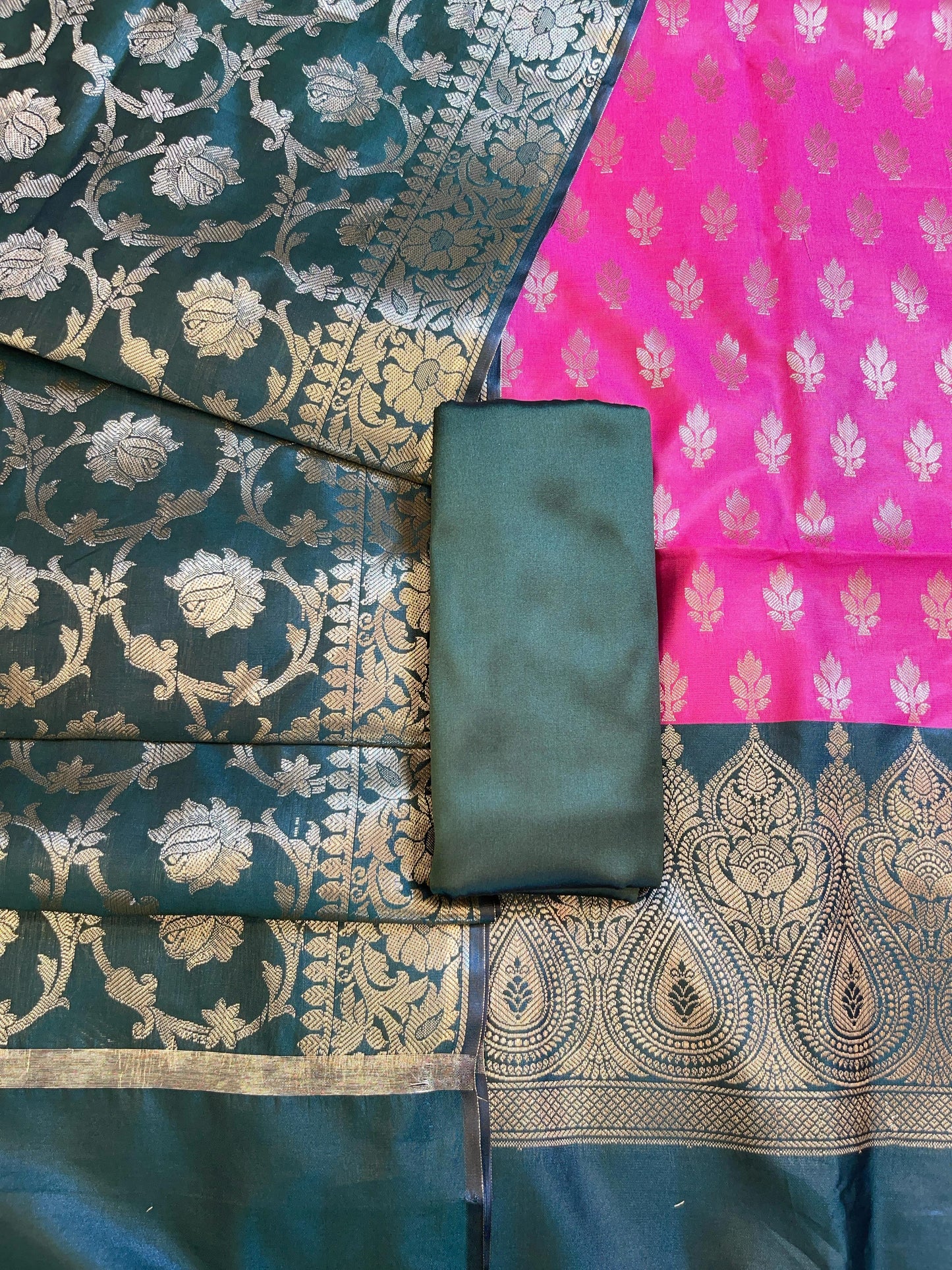 Pink Art Silk Floral Zari Booti Contrast Banarasi Suit with Darkgreen Dupatta 625AJ_TPT5