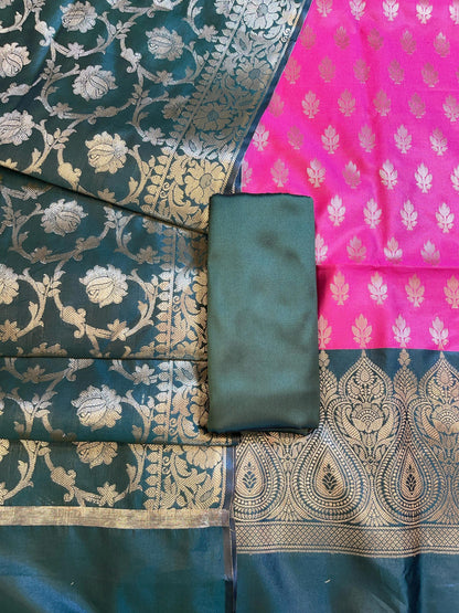 Pink Art Silk Floral Zari Booti Contrast Banarasi Suit with Darkgreen Dupatta 625AJ_TPT5