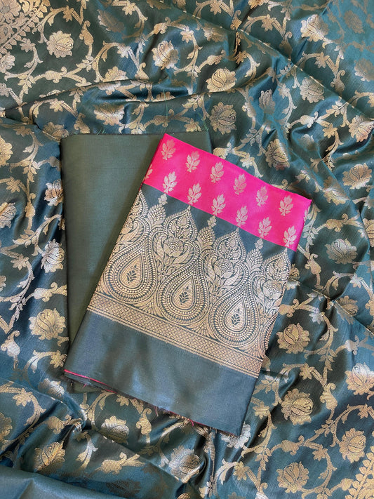 Pink Art Silk Floral Zari Booti Contrast Banarasi Suit with Darkgreen Dupatta 625AJ_TPT5