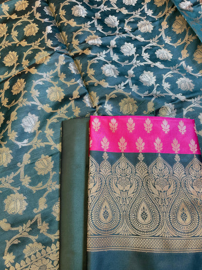 Pink Art Silk Floral Zari Booti Contrast Banarasi Suit with Darkgreen Dupatta 625AJ_TPT5