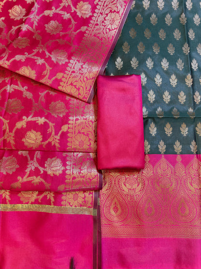 Darkgreen Art Silk Floral Zari Booti Contrast Banarasi Suit with Pink Dupatta 625AJ_TPT6