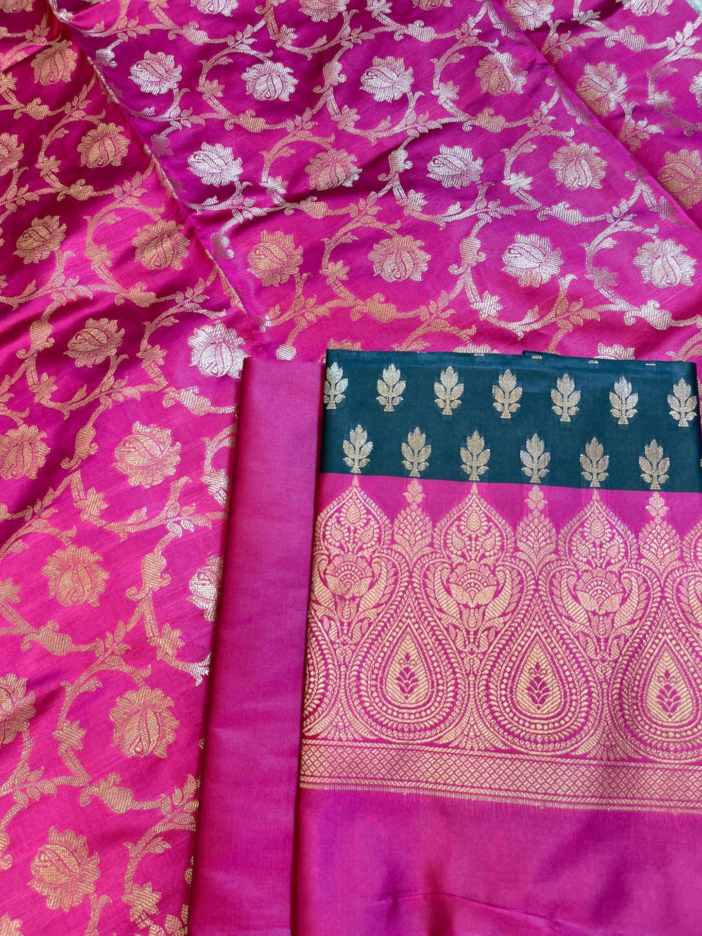Darkgreen Art Silk Floral Zari Booti Contrast Banarasi Suit with Pink Dupatta 625AJ_TPT6